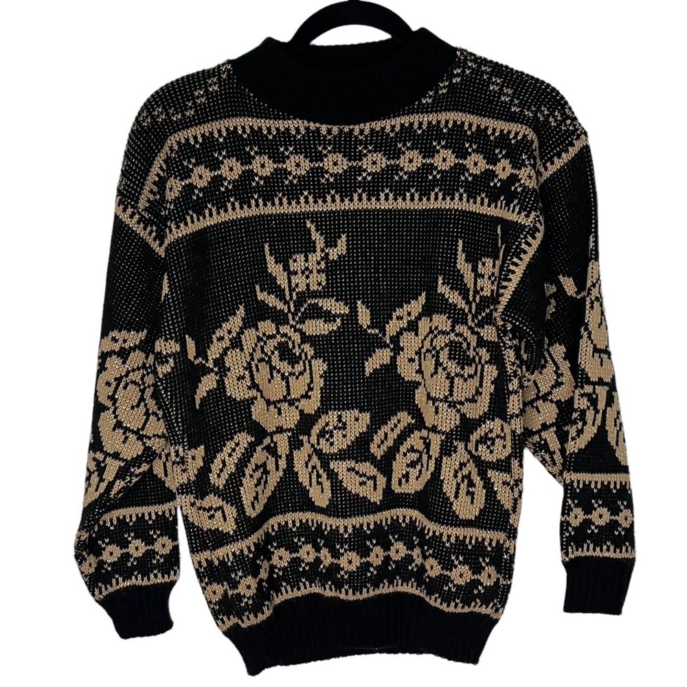 Vintage LaVenture Metallic Floral Rose Mock Neck Sweater